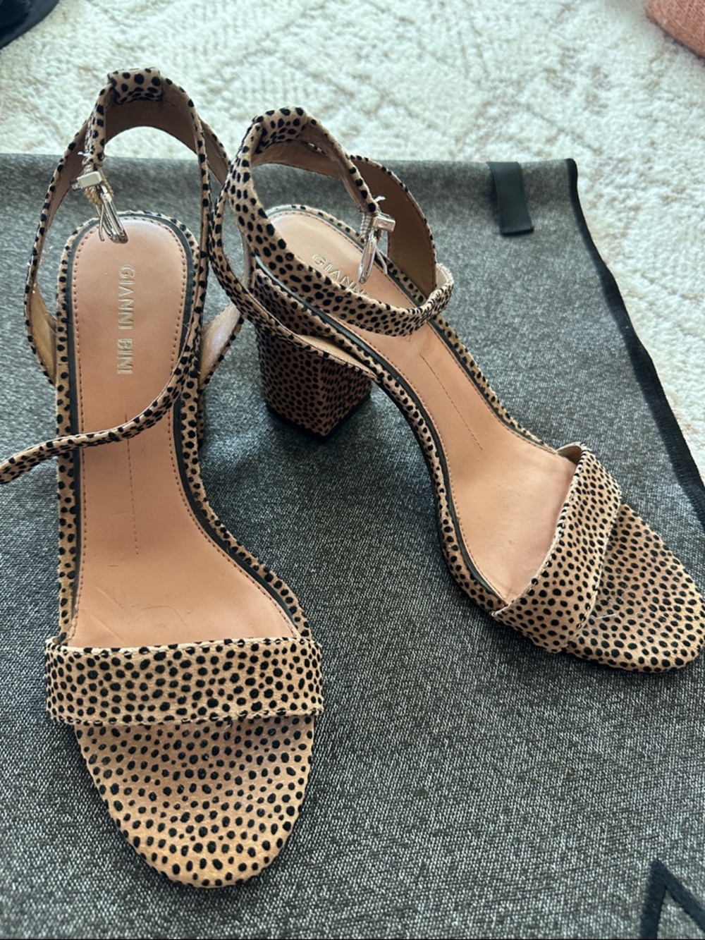 Gianni Bini Tan and Black Dotted Block Heel Sandals